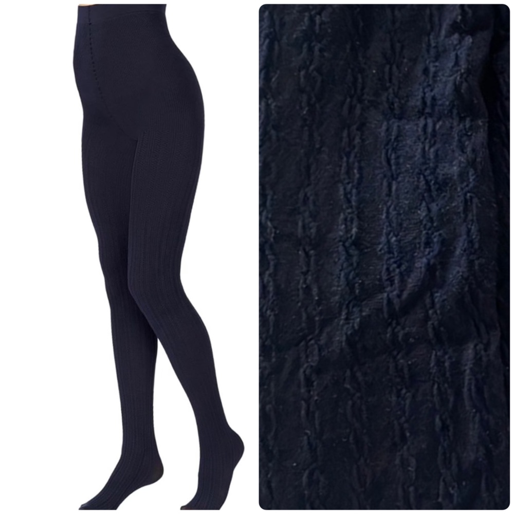 Phantom Silks Navy Blue Cable Knit Textured Tights Made in Canada Fits 95-130 lb
